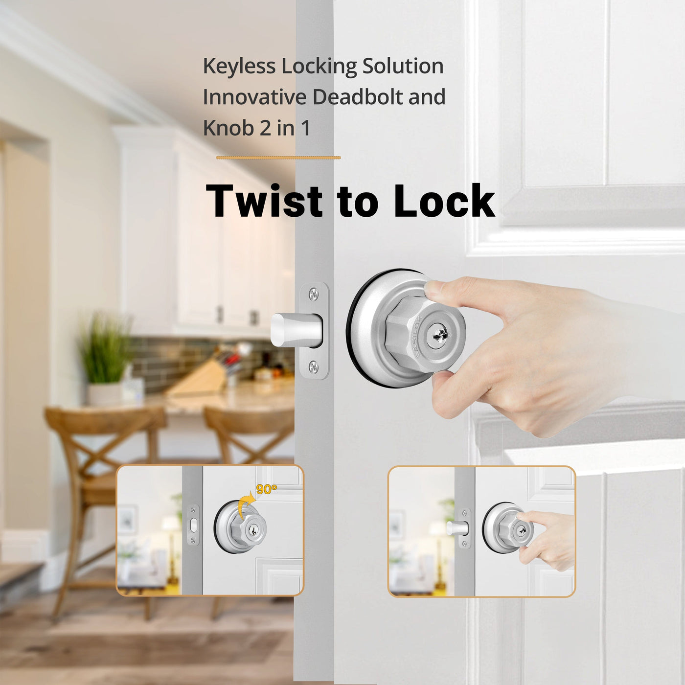 EASILOK E4 Twist-to-Lock Deadbolt Lock Keyless, 3 Packs Keyed Alike Single Cylinder with Unpickable Night Latch &Anti-Mislock Button,Zinc Alloy, Silver