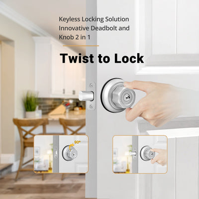 EASILOK E4 Twist-to-Lock Deadbolt Lock Keyless,  Single Cylinder with Unpickable Night Latch &Anti-Mislock Button,Zinc Alloy, Silver