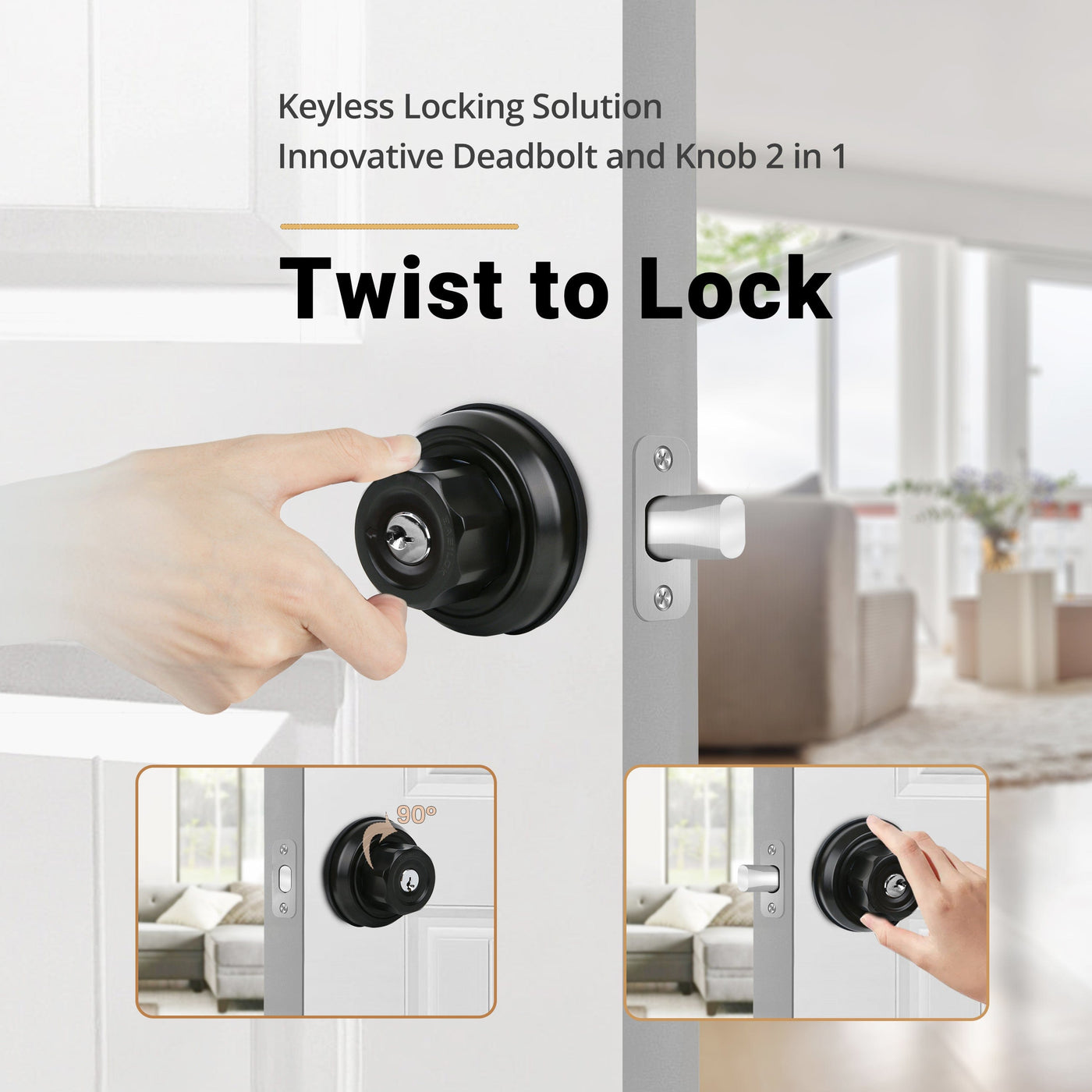 EASILOK E4 (Zinc Alloy)Deadbolt Lock, Black, Twist to Lock Keyless with Night Latch & Anti-Mislock Button, Security Child Safety Lock