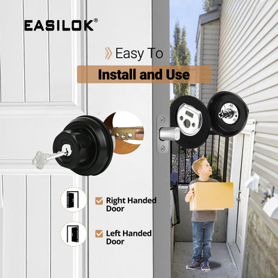 3*E4 EASILOK (Zinc Alloy)Deadbolt Lock, Black, Twist to Lock Keyless with Night Latch & Anti-Mislock Button, Security Child Safety Lock