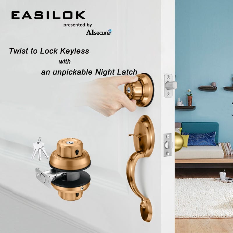 EASILOK E2 Twist to Lock deadbolt Lock keyless with Anti-Mislock Button and Unpickable Night Latch, 304 Stainless Steel, Single Cylinder with 3 SC Keys, Brass