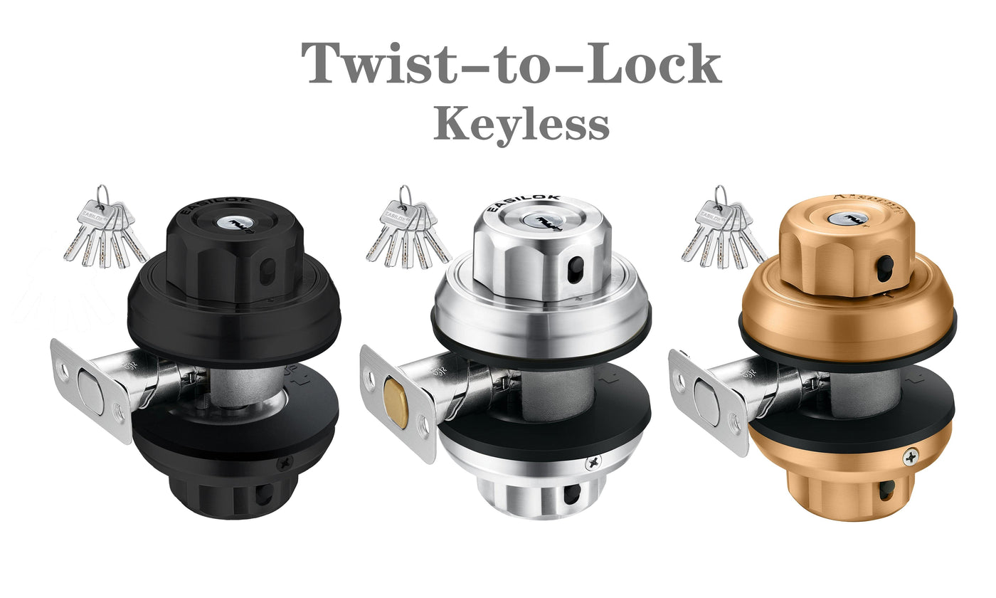EASILOK E2 Twist to Lock deadbolt Lock keyless with Anti-Mislock Button and Unpickable Night Latch, 304 Stainless Steel, Single Cylinder with 5 Dimple Keys,Silver