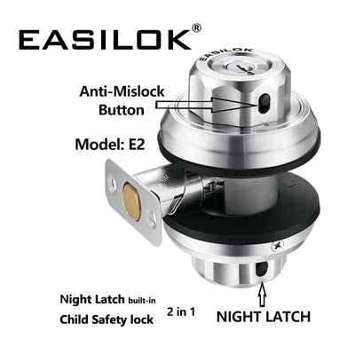 EASILOK E2 Twist to Lock deadbolt Lock keyless with Anti-Mislock Button and Unpickable Night Latch, 304 Stainless Steel, Single Cylinder with 3 SC Keys, Black