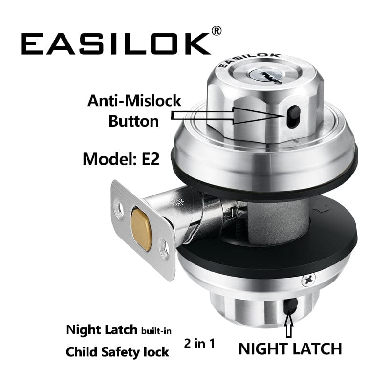 EASILOK E2 Twist to Lock deadbolt Lock keyless, Keyed Alike 6 Packs, with Anti-Mislock Button and Unpickable Night Latch, 304 Stainless Steel, Single Cylinder with 30 Dimple Keys