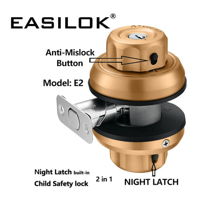 EASILOK E2 Twist to Lock deadbolt Lock keyless with Anti-Mislock Button and Unpickable Night Latch, 304 Stainless Steel, Single Cylinder with 3 SC Keys, Brass