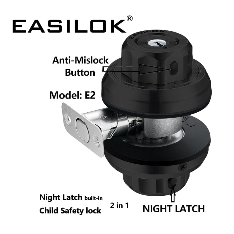 EASILOK E2 Twist to Lock deadbolt Lock keyless, Keyed Alike 4 Packs, with Anti-Mislock Button and Unpickable Night Latch, 304 Stainless Steel, Single Cylinder with 12 SC Keys,Black
