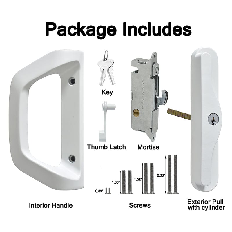 AIsecure A10-Basic Sliding Glass Door Handle Set with Key Cylinder and Mortise Lock, Patio Door Lock Replacement, Fits 3-15/16''Screw Hole Spacing, Matte White
